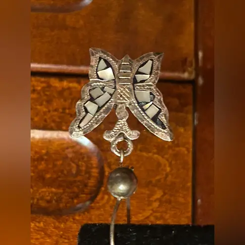 VTG 925 Sterling Silver ABALONE Butterfly Dangle Earrings | MOP Inlay