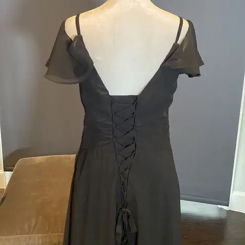 Women’s Black Full Length Cold Shoulder Chiffon Formal Dress Leg Slit Size 8