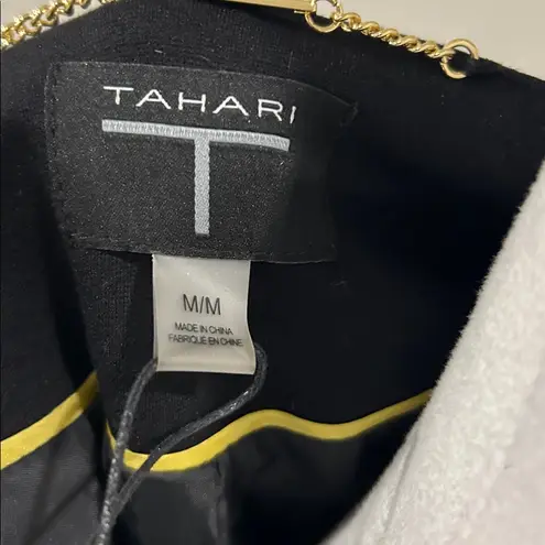 Tahari NWT T Black Collarless Open Front Faux Leather Trim Jacket Blazer M