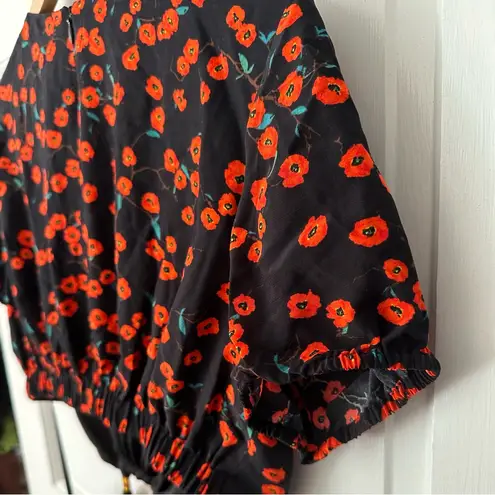 STAUD NEW! Calypso Poppy Cut Out Black Red Midi Floral Print Dress Size L