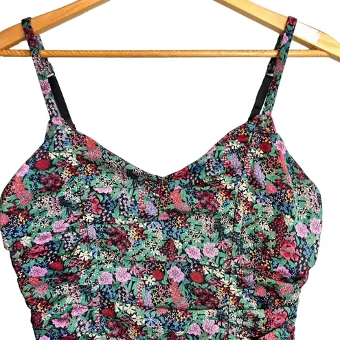 Isalis BODYSUIT Womens Medium Black Green Pink Floral Print Ruched Tank Top