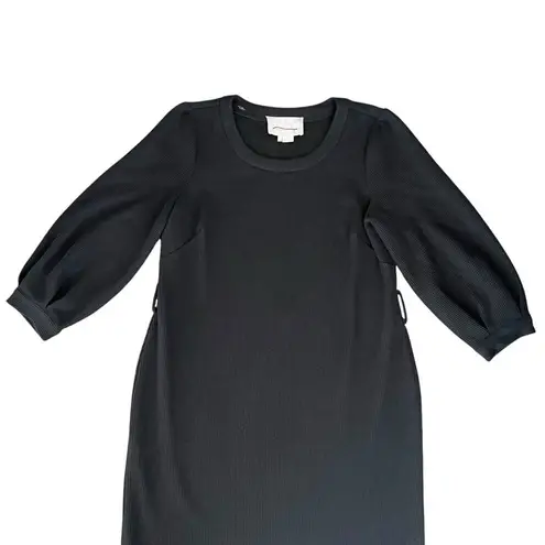 Gal Meets Glam Jody Black Ribbed Knit 3/4 Balloon Sleeve Belted Midi Dress Sz 10