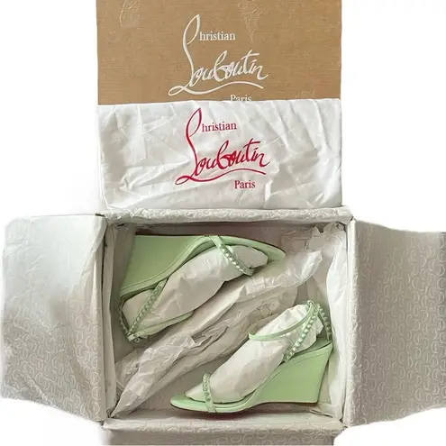 Christian Louboutin NEW  So Me 85 Studded Patent-Leather Wedge Sandals 36 Green