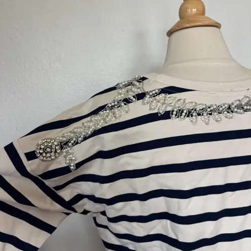 Broadway 38 Blue and Off White Striped Pearl Beaded Rhinestone Sweatshirt