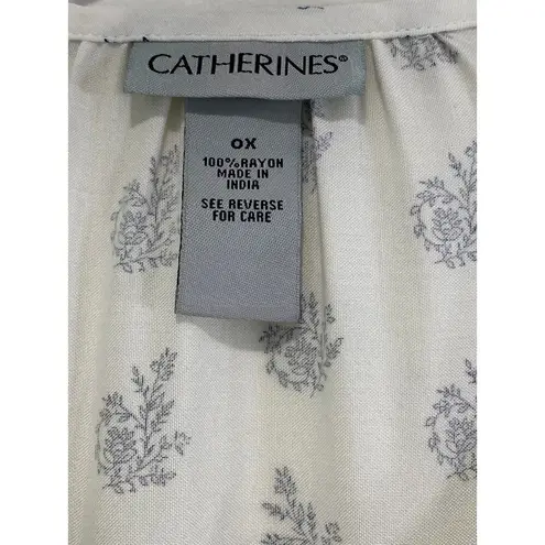 Catherine's Beaded Boho Floral Peasant Top Womens Size 0X Rayon Neutral Regency White