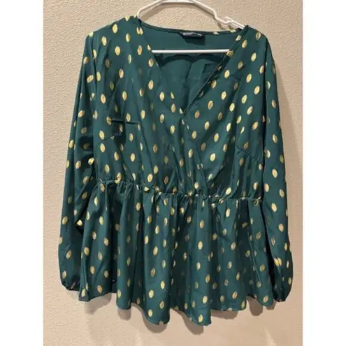 1XL Polka Dot Lantern Sleeve Wrap Ruffle Blouse Green Size XL