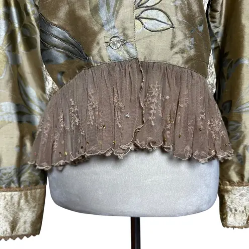 Sandy Starkman Silk Brocade Beaded Ruffle Lace Jacket M | Fairycore Regencycore Gold Size M