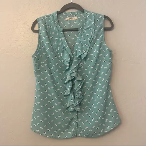 ⭐️Romy light teal blue sleeveless blouse with dandelion print and ruffles medium