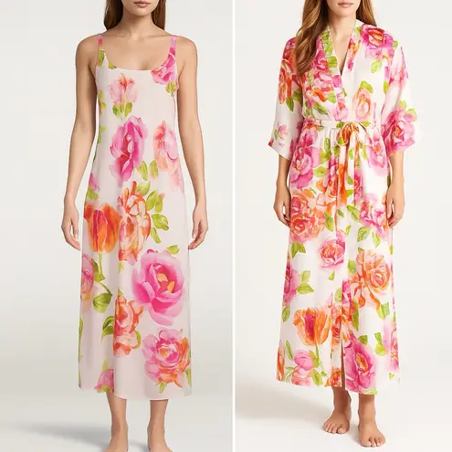 Natori South Pacific Floral Robe & Slip Nightgown Set Pink Orange Ivory Size S M Size M
