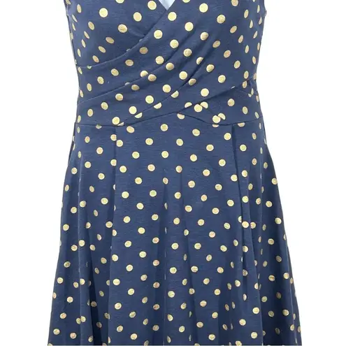 Maeve Anthropologie  Ophira Faux Wrap Fit & Flare Blue and Gold Dot Dress Small