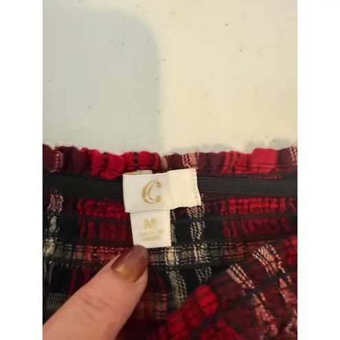 Red Plaid Off Shoulder Top Ruffle Hem Flared Bell Sleeve Blouse Medium M Holiday
