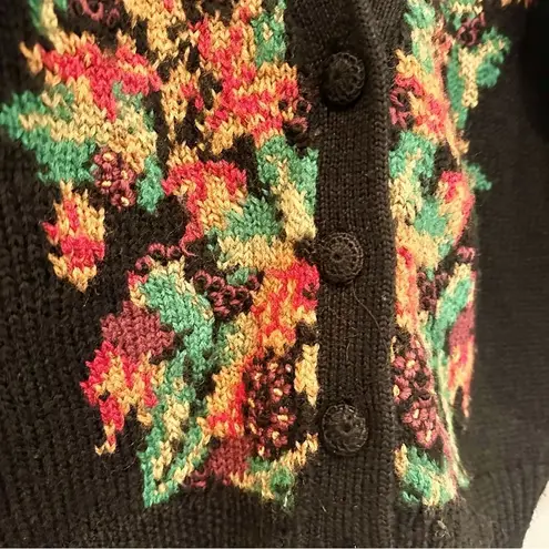 Jason Prescott Vintage Wool Cardigan Women's Medium Black Floral Y2K Hand Knit
