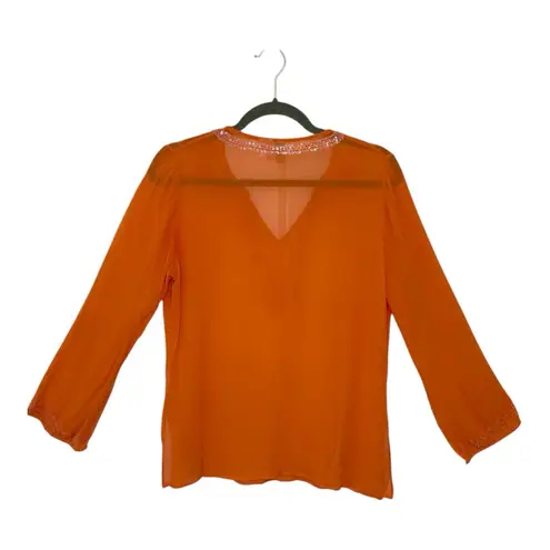 Itsu Silk Bright Orange Embellished Coastal Vacation Resortwear Blouse Top L Size 8