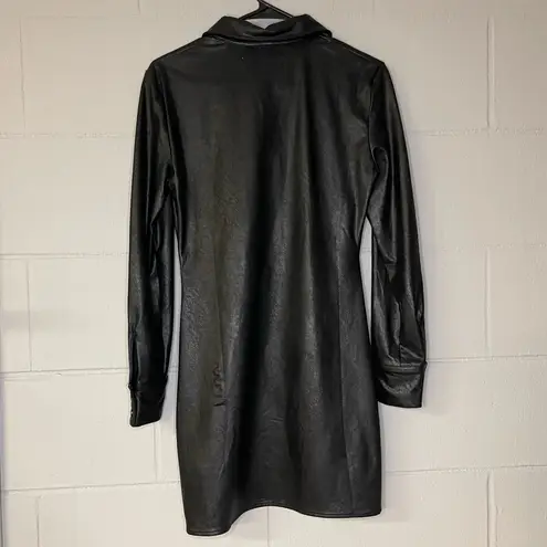 Vintage Havana Black Leather Ruched Shirt Dress Long Sleeve Women’s Size Small