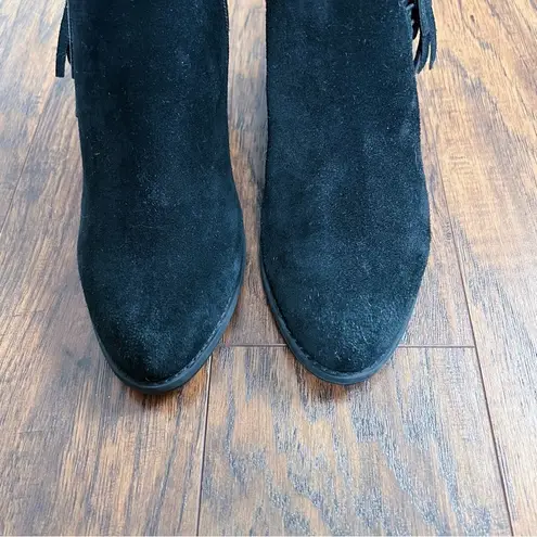 Vionic • Faros Fringed Bootie ankle boot black suede heeled studded orthotic