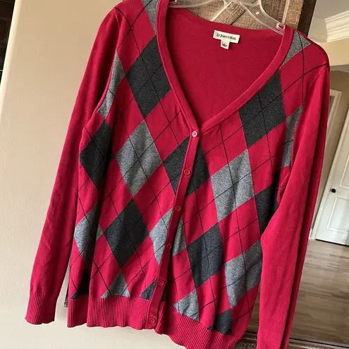 st. john's bay Red Argyle Sweater Lightweight Comfy Cardigan Womens Large