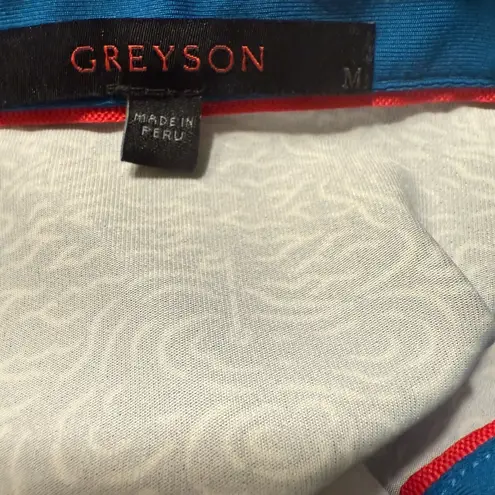 Greyson Polo Shirt Women MED Club Car Rare Juniper Print Stretch Golf Tennis EUC Blue