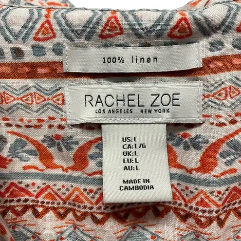 Rachel Zoe  Womens Large 100% Linen Short Sleeve Pink Orange Button Shirt Printed