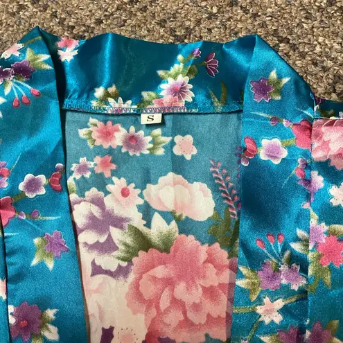 Teal Blue Floral Pink Purple White Satin Robe Size Small