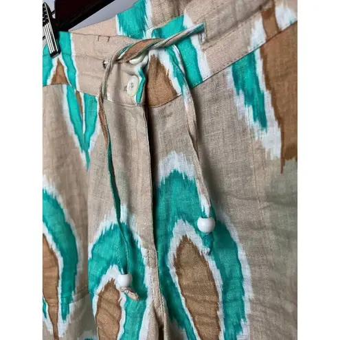 Nimo with Love Ikat Tan Turquoise Linen Pants Sz. S Green