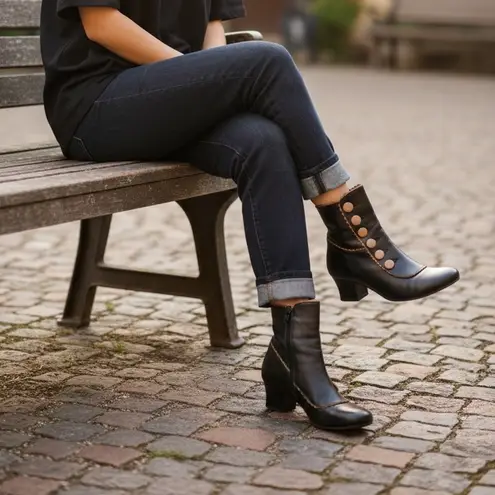 Miz Mooz Fido Ankle Boots Black & Beige Size 8.5 Leather Block Heel Victorian