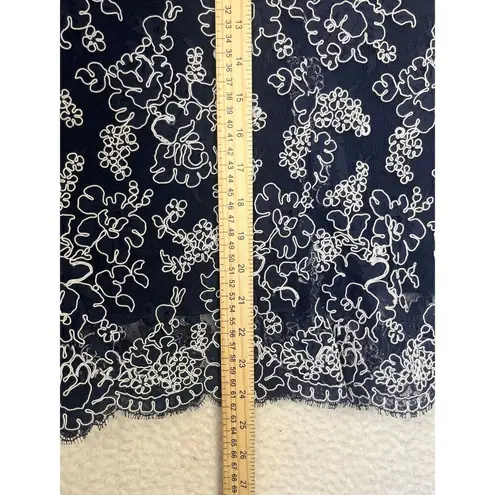Monique Lhuillier ML Navy Floral Lace Sheath Midi Skirt Sheer V Neck Top Size 10