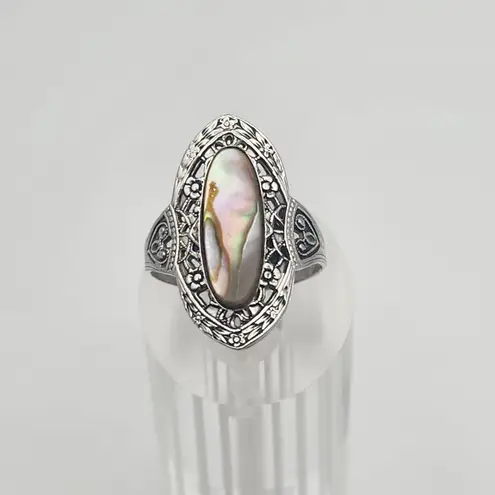 Vintage Uncas 14 Karat GE White Gold Mother of Pearl Ring (8) Silver