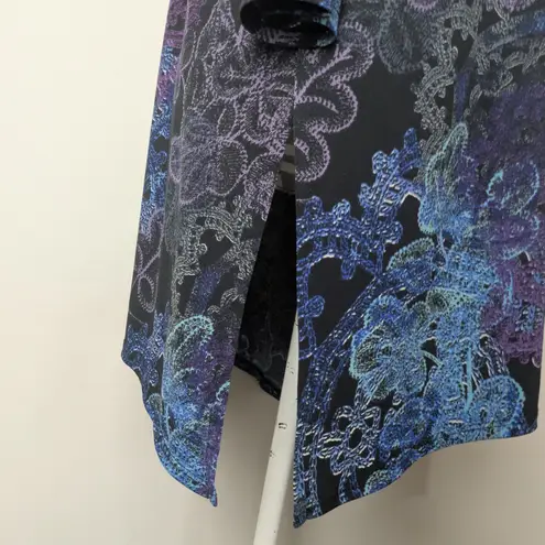 CLARA SUN WOO Black and Purple Floral Slinky Knit Tunic Top Large 3/4 sleeve