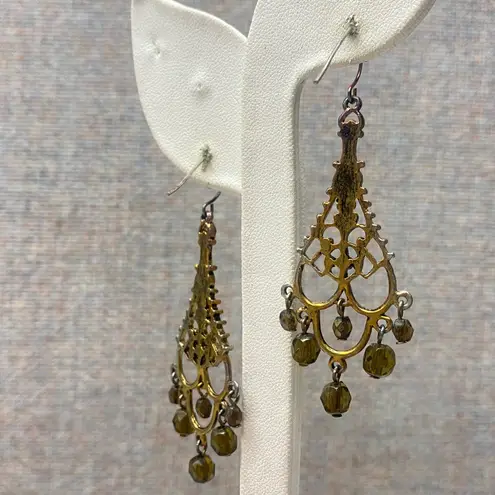 Vintage Bronze Chandelier Earrings Green Faceted Beads Dangle Drop Fairy Grunge Gold