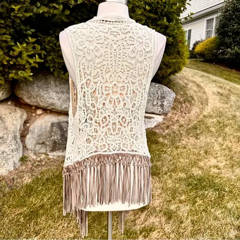 Origami Crochet & Lace Vest with Fringe, Boho Country Coachella, size S/M Tan