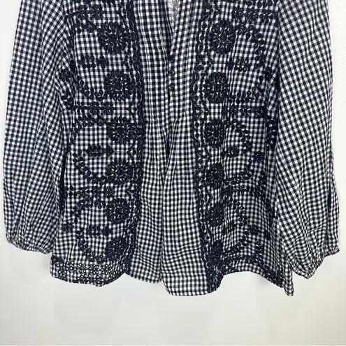 J.Crew  Black and White Gingham Floral Embroidered Popover Top Medium AF448 New