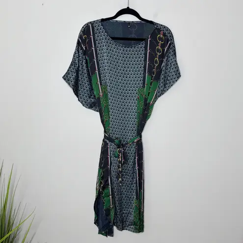 Japanese Brand Silk Blend Chain Print Dress Belted Green Black Short Sleeve XL