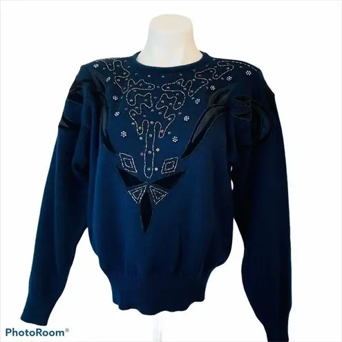 COSCOB Vintage Navy Blue Beaded Sequin Velour Sweater Size M Size M