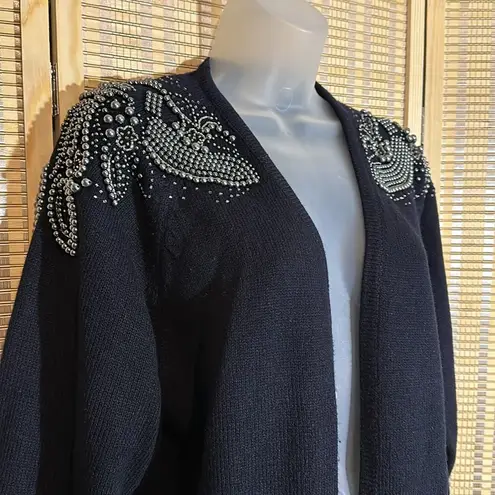 Darian Vintage 1990s Black Open Front Cardigan Sweater Silver Beading Medium