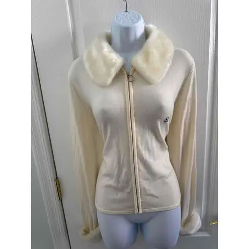 Ny Collection Off White Zipper Faux Fur Collar/Sleeve Jacket Size Smalll