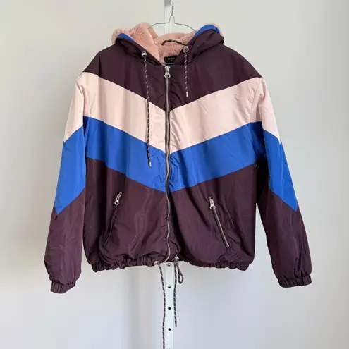 Bershka Color Block Chevron Jacket Faux Fur Hood Size M Women's - Image 1