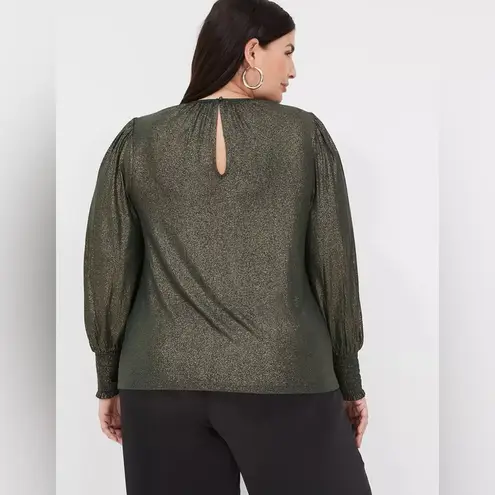 Lane Bryant  Women’s Plus Metallic Green Smocked Cuff LS Top Blouse NWT 18/20