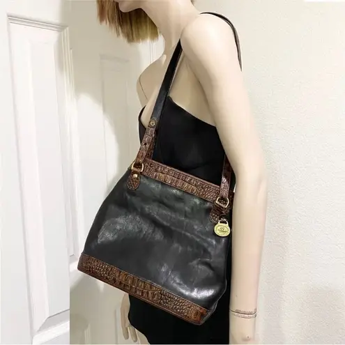 Brahmin Vintage Tuscan Black Leather Brown Croc Leather Trims Bucket Bag