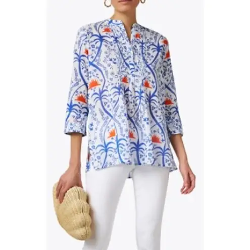 Ro's Garden Aries Blue and Orange Print Shirt NWT Sz. S White