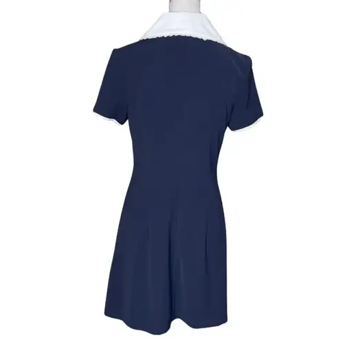 Cider Navy Blue White Lace Trim Collar Button Down Mini Dress Dark Academia