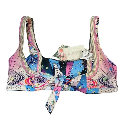 Agua Bendita Colleen Eter Bikini Top XS Celestial Print Beaded Trim Tie Back New