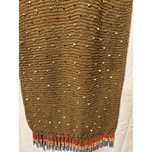 Vicky Moreinis Brown Knit Beaded Swimwear Cover up Dress Beaded Fringe Stretch