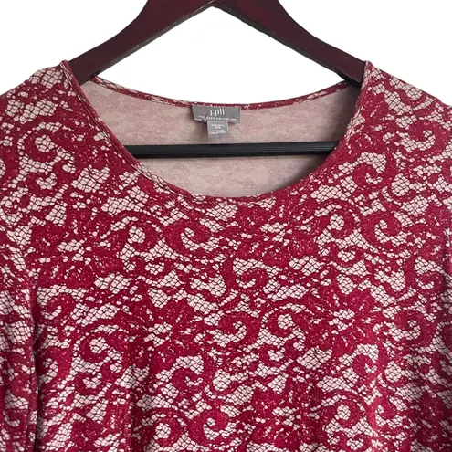 J Jill Top Women XS Rust Tan Crew Neck Long Line Tunic Lace Print Rayon Stretch Red
