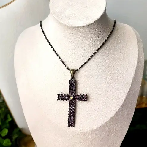 Brass Purple Crystal Cross Pendant on 18" Chain