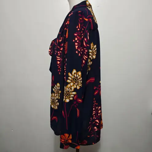 STYLUS Navy Floral Secretary Bow Tie Blouse Long Sleeve XL Retro Geek Blue