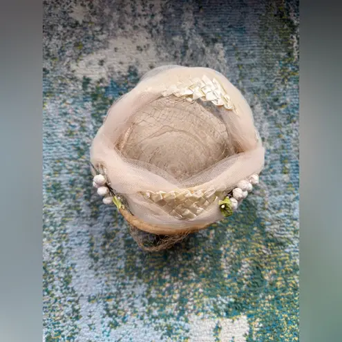 Vintage woven face veil floral bridal wedding headpiece hat Tan