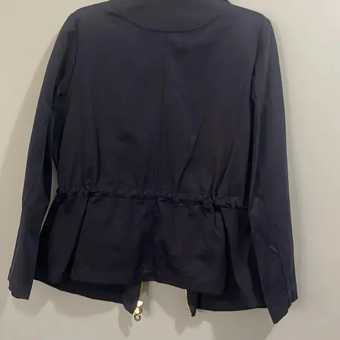 Dana Buchman Navy Cinch Waist Lightweight Jacket Gold Brass Detail Coat