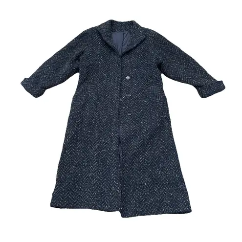 Paul Levy 1970s 1980s Long Wool Navy Confetti Chevron Print Coat Women’s Sz L Size L