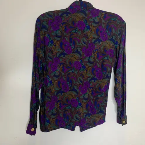 Vintage Dark Floral Brown Purple Blue Blouse Gold Buttons Sz Medium