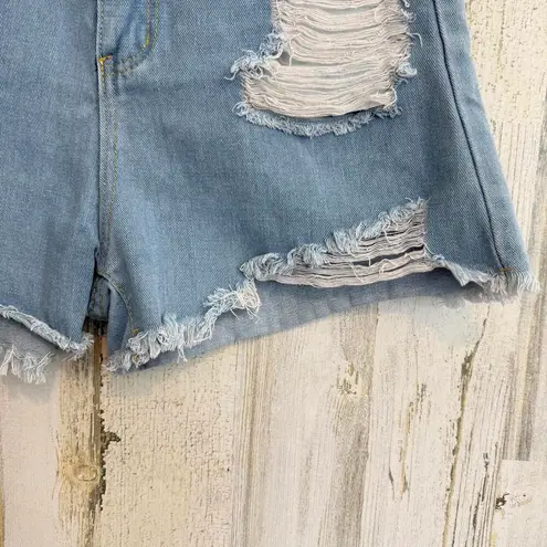 *Trendy Distressed Denim Shorts Summer Vibes High Waist Casual Ripped Blue Size L
